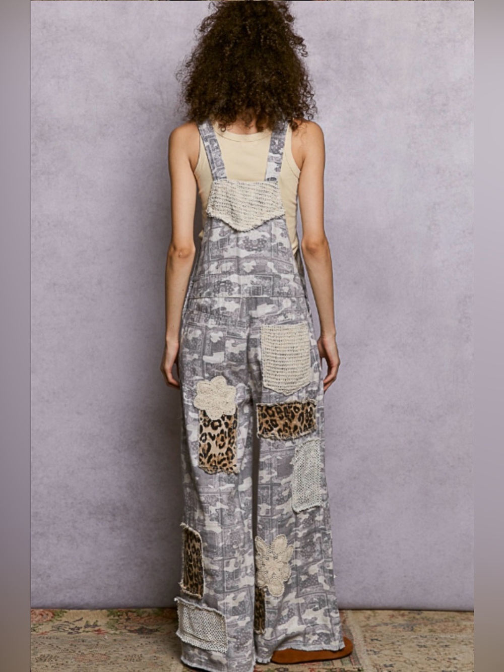 POL Patchwork Crochet Leopard Wide Leg Overalls Boho Jumpsuit L - Picture 15 of 15